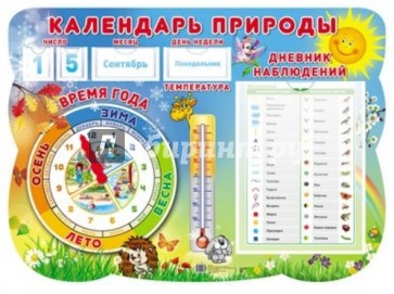 Стенд "Календарь природы" с карточками чисел, дней недели, месяцев и бланком дневника наблюдений