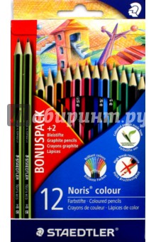 Набор цветных карандашей Wopex Staedtler, 12 цветов + 2 чернографитных карандаша HB (185SET3).