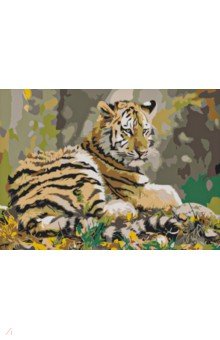 Холст с красками для рисования по номерам Тигр в осеннем лесу.