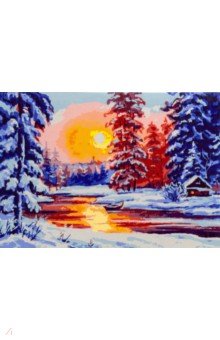 Холст с красками Зимний закат у реки