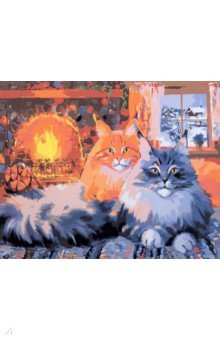 Холст с красками Пушистые коты у камина