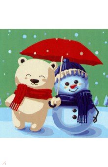 Холст с красками Мишка и снеговик