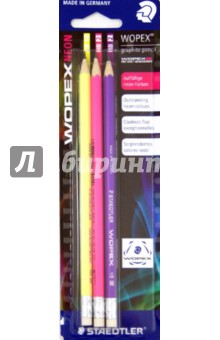 Карандаш чернографитовый Wopex NEON с ластиком (HB, 3 штуки) Карандаш чернографитовый Wopex NEON с ластиком (HB, 3 штуки)