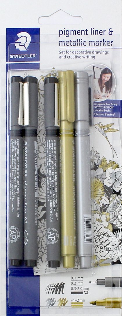 Иллюстрация 1 из 2 для Набор капиллярных ручек Pigment liner, 3 шт, черный + 2 маркера золото/серебро  (308SBK3P3) | Лабиринт - канцтовы. Источник: Лабиринт